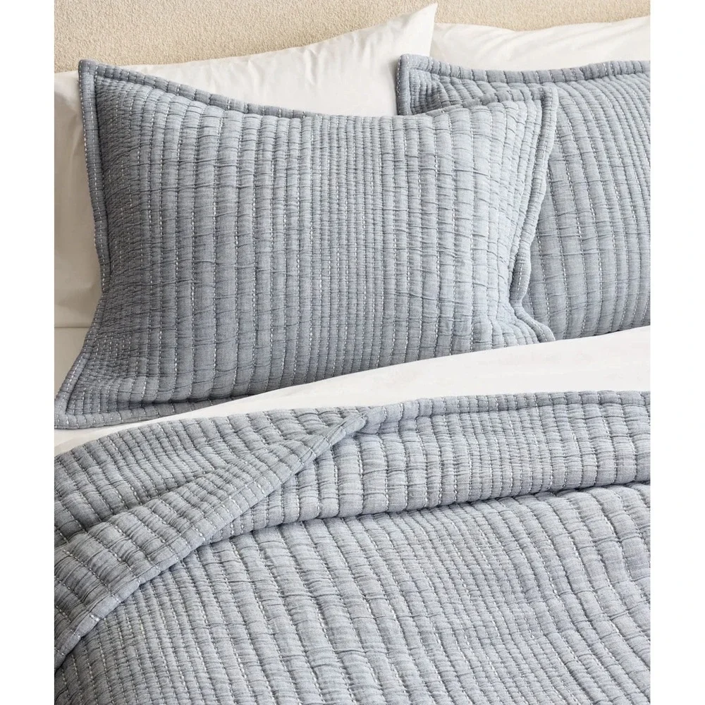 Quince Organic Cotton Channel Stitch Pillow Sham Set King Blue 20x36 Rectangular